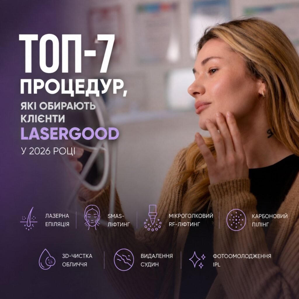 ТОП-7 косметологічних процедур у LASERGOOD у 2026 році: лазерна епіляція, SMAS-ліфтинг, мікроголковий RF-ліфтинг, карбоновий пілінг, 3D-чистка обличчя, видалення судин та фотоомолодження IPL.