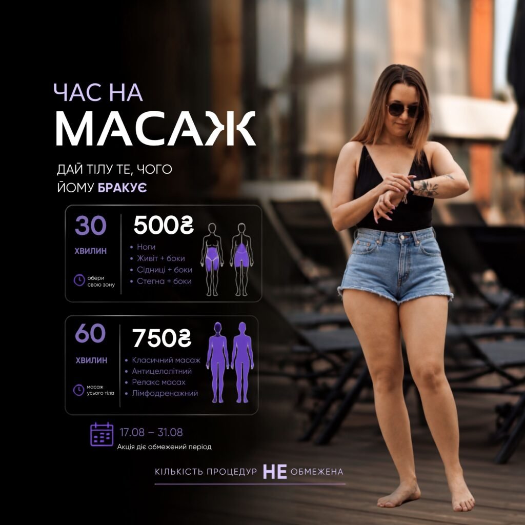Масаж за спеціальною ціною: 30 хв — 500 грн, 60 хв — 750 грн. Обирай зону або вид масажу та записуйся в LASERGOOD.